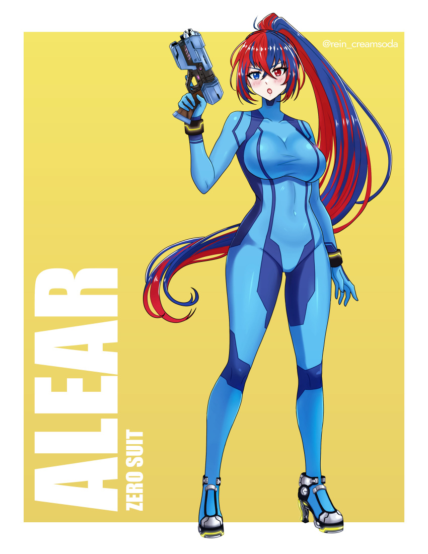 absurdres alear_(female)_(fire_emblem) alear_(fire_emblem) blue_bodysuit blue_eyes blue_hair bodysuit breasts crossed_bangs female fire_emblem fire_emblem_engage gun heterochromia highres holding holding_gun holding_weapon impossible_bodysuit impossible_clothes long_hair multicolored_hair paralyzer ponytail red_eyes red_hair rein_creamsoda skin_tight solo split-color_hair two-tone_hair very_long_hair weapon zero_suit