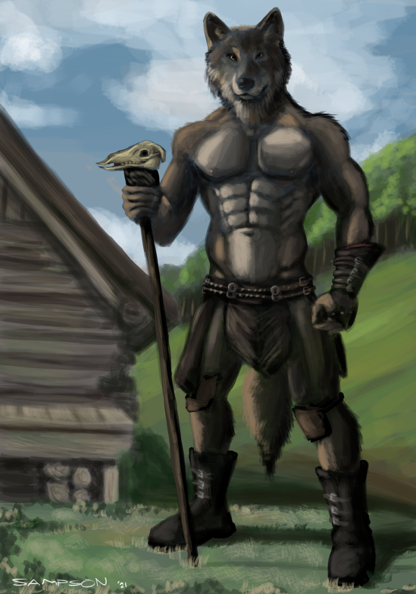 2021 5_fingers abs absurd_res anthro armor black_nose boots bottomwear broad_shoulders brown_body brown_fur building cabin canid canine canis cheek_tuft clothed clothing cloud day digital_media_(artwork) digital_painting_(artwork) facial_tuft fingers fist footwear fur gauntlets gloves grass grey_body grey_fur handwear hi_res looking_at_viewer magic_user male mammal muscular muscular_anthro muscular_male navel nipples outside pecs pink_nipples plant plantigrade sampsonwoof shaded shaman shoes signature sky smile solo staff tail topless tree tribal_spellcaster tuft wolf yellow_eyes