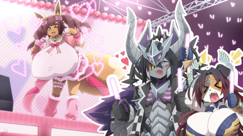 accessory ahoge armor bell bell_collar big_breasts black_clothing black_hair blue_eyes blush bow_ribbon breast_focus breasts brown_hair bushiroad cardfight!!_vanguard cheering cleavage cleavage_cutout cleavage_overflow closed_eyes clothed clothing collar concert cosplay countershade_face countershading cute_fangs cutout domestic_cat eevee electronics eyewear fan_character father_(lore) father_and_child_(lore) felid feline felis female fully_clothed fur generation_1_pokemon glistening glistening_body glistening_breasts glistening_hair glistening_skin glowstick hair hair_accessory hair_ribbon hairbow hanging_breasts heart_(marking) heart_symbol hi_res horn huge_breasts humanoid_hands hybrid inner_ear_fluff japanese_idol kemono kuro_(monokurosekai06) leaning leaning_forward long_hair looking_at_viewer male mammal markings microphone monocle monokurosekai06 mother_(lore) mother_and_child_(lore) multicolored_body multicolored_fur multicolored_hair naomi_minette neck_tuft nintendo one_eye_closed open_mouth parent_(lore) parent_and_child_(lore) paw_pose pink_bow pink_clothing pokemon pokemon_(species) portrait pose raised_arm ribbons runa_minette short_hair signature smile sparkles squish stage standing stretched_clothing thick_thighs thigh_squish three-quarter_portrait tuft twintails_(hairstyle) wavy_mouth wings wink xd