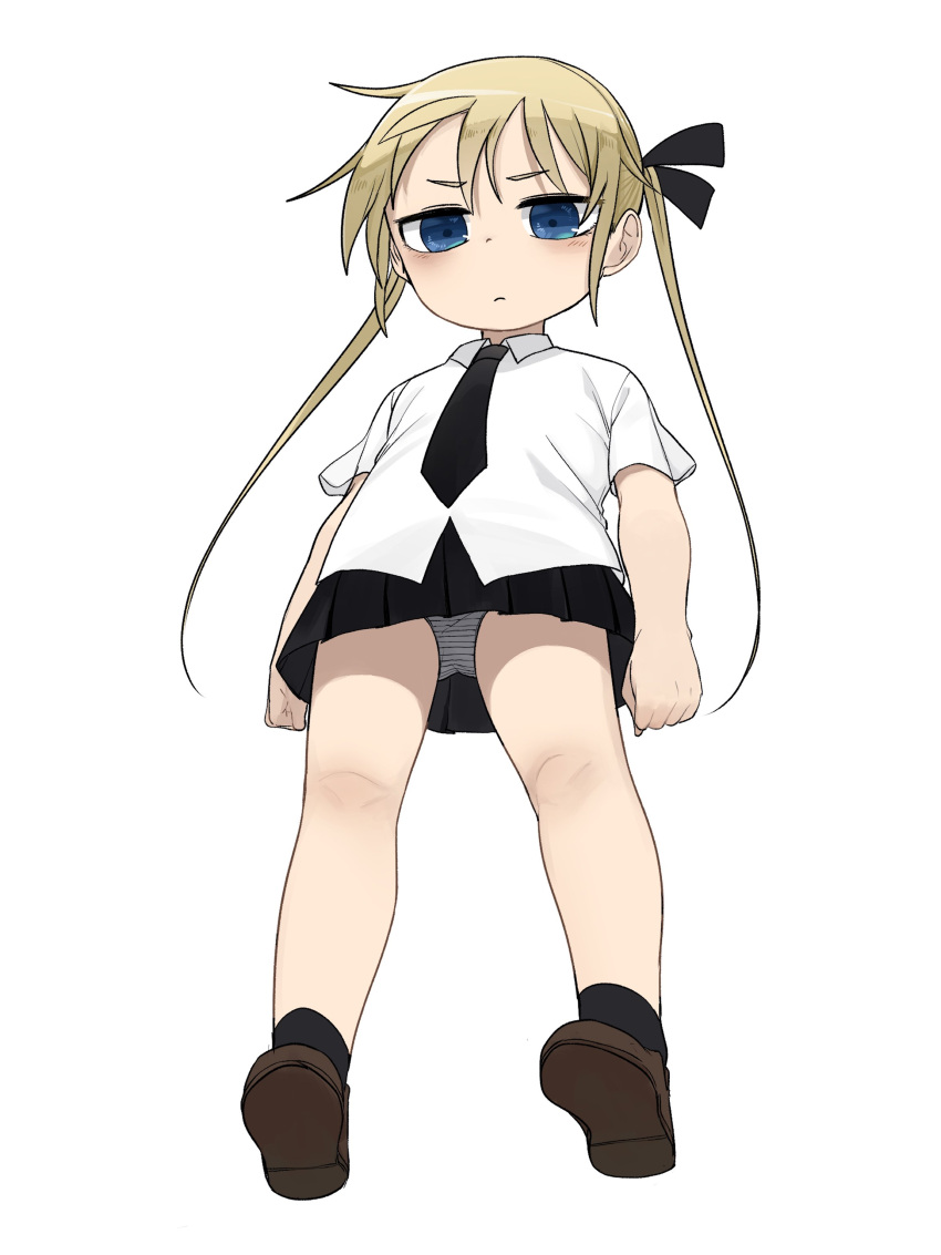 absurdres blonde_hair blue_eyes female fusuma_(suwaru_boom) hair_ribbon highres kill_me_baby long_hair looking_down necktie panties ribbon school_uniform shirt simple_background skirt solo sonya_(kill_me_baby) striped_clothes striped_panties twintails underwear white_background