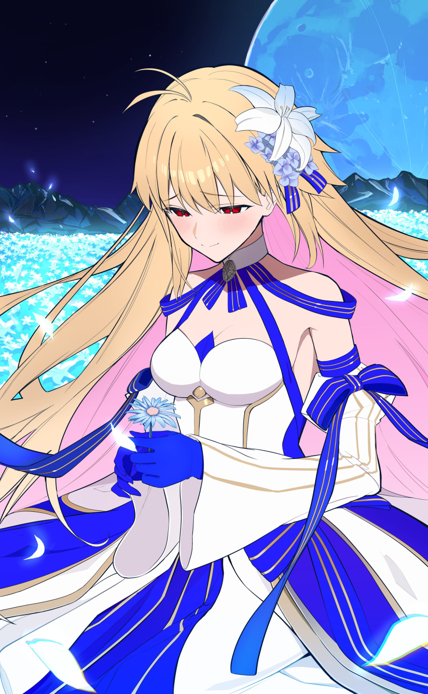 absurdres ahoge archetype_earth arcueid_brunestud bare_shoulders blonde_hair blue_gloves breasts cleavage detached_sleeves dress fate/grand_order fate_(series) female flower flower_bed full_moon gloves highres holding holding_flower long_hair long_sleeves medium_breasts moon night petals red_eyes solo strapless strapless_dress tsukihime uriuriyukitti white_dress white_sleeves