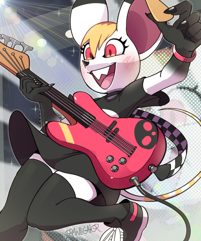 5_fingers animal_crossing anthro bella_(animal_crossing) biped blonde_hair clothed clothing drawligator female fingers guitar hair hi_res holding_guitar holding_musical_instrument holding_object mammal mouse murid murine musical_instrument nintendo open_mouth open_smile plucked_string_instrument rodent smile solo string_instrument tail