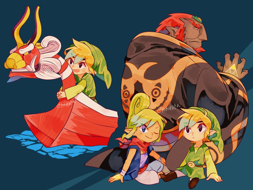 blonde_hair boat brown_body brown_skin clothing female footwear ganondorf gerudo group hair hat headgear headwear hi_res humanoid humanoid_pointy_ears hylian king_of_red_lions light_body light_skin male nintendo not_furry open_mouth open_smile pirate_leader_tetra red_hair shirt signature simple_background smile the_legend_of_zelda tokuura toon_link topwear triforce tunic vehicle watercraft wind_waker