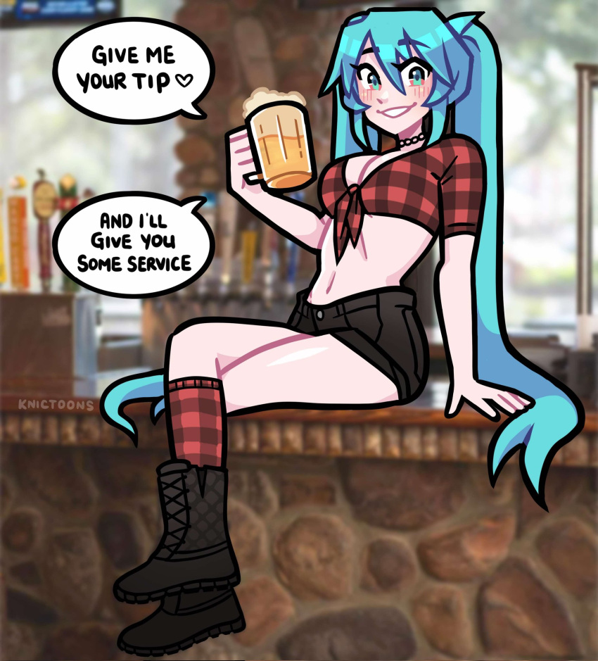 aqua_eyes aqua_hair bar_(place) beer_mug black_footwear boots breasts choker cleavage cup female full_body hatsune_miku highres holding holding_cup indoors knic_toons long_hair medium_breasts midriff midwestern_miku_(knic_toons) mug navel parted_lips plaid_clothes plaid_shirt plaid_socks red_shirt red_socks shirt short_sleeves sitting smile socks solo tied_shirt twin_peaks_(restaurant) very_long_hair vocaloid