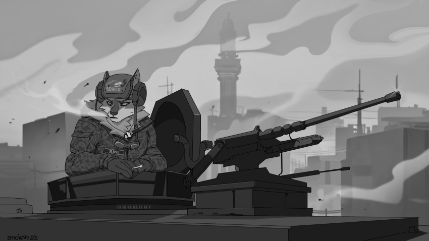 2023 anthro armor artist_name black_sclera bone building camo canid canine canis cigarette city city_background clothing dated detailed_background dog_tags eyewear fur fur_tuft furgonomics gloves goggles gun handwear hatch headgear heavy_machine_gun helmet hi_res holding_cigarette holding_object jacket machine_gun male mammal military monochrome outside pupils ranged_weapon skull slit_pupils smoke smoking smolevn soldier solo text topwear tuft uniform war warrior weapon wolf