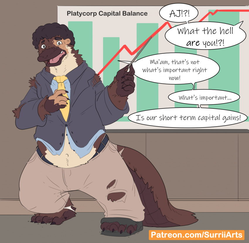 anthro bar_graph beak brown_body brown_fur business business_attire business_suit chart claws clothed clothing dialogue english_text fur fur_growth growth hi_res human in_public male mammal mid_transformation monotreme offscreen_character platypus platypus_tail pointer public solo speech_bubble suit surrii text torn_clothing transformation were