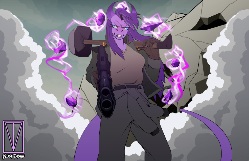 absurd_res amethyst_dragonborn angry clothed clothing crumbling_building dnd_character dragonborn_(disambiguation) first_person_view hi_res magic open_mouth purple smoke threatening vena_tasuh