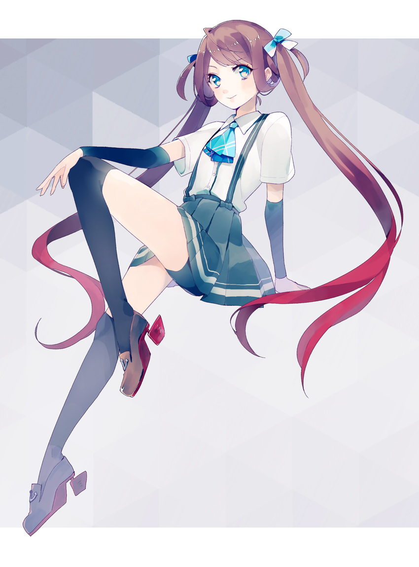 arm_warmers asagumo_(kantai_collection) ascot banned_artist bike_shorts blue_eyes bow brown_hair full_body gradient_hair grey_background hairbow high_heels highres kantai_collection kneehighs long_hair looking_at_viewer multicolored_hair over-kneehighs pleated_skirt red_hair sayori_(oskn) school_uniform shirt short_sleeves simple_background sitting skirt solo suspenders thighhighs twintails very_long_hair white_shirt