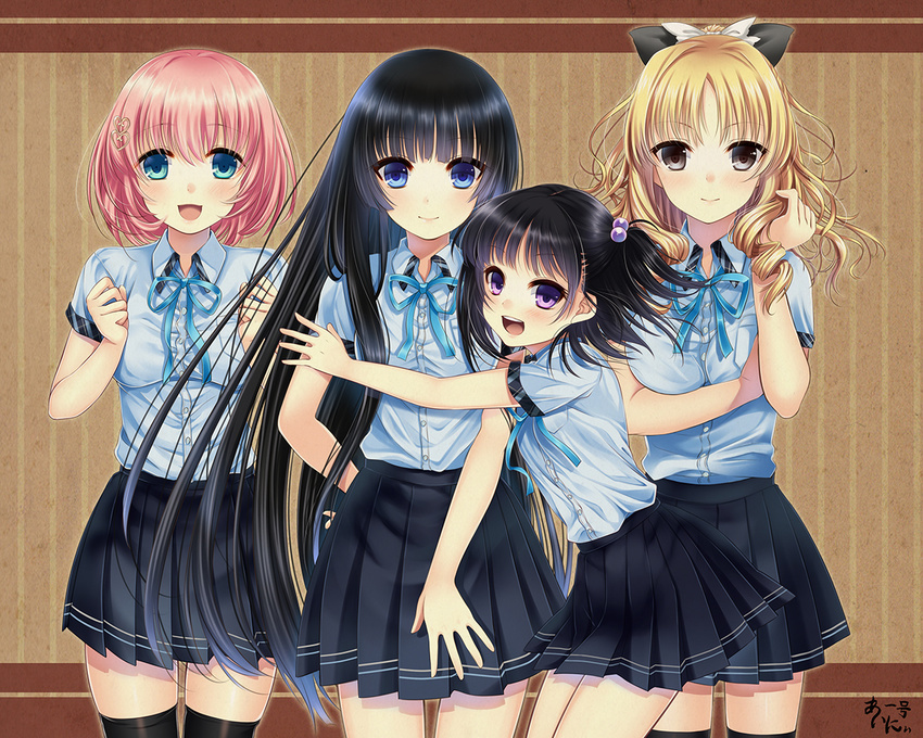 4girls ainili ayame_no_machi_to_ohime-sama bad_id bad_pixiv_id black_eyes black_hair blonde_hair blue_eyes bow drill_hair furukawa_ayame furukawa_himeko green_eyes hair_bobbles hair_ornament hairbow hime_cut hug long_hair multiple_girls naruko_ran photoshop_(medium) pink_hair purple_eyes school_uniform shichigahama_yuri short_hair skirt thighhighs two_side_up zettai_ryouiki