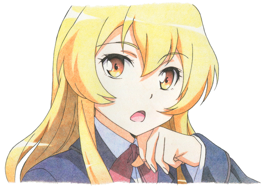 blonde_hair colored_pencil_(medium) commentary_request derivative_work female ikkyuu_tensai jinjin-roririn long_hair orange_eyes ryuugajou_nanana_no_maizoukin solo traditional_media