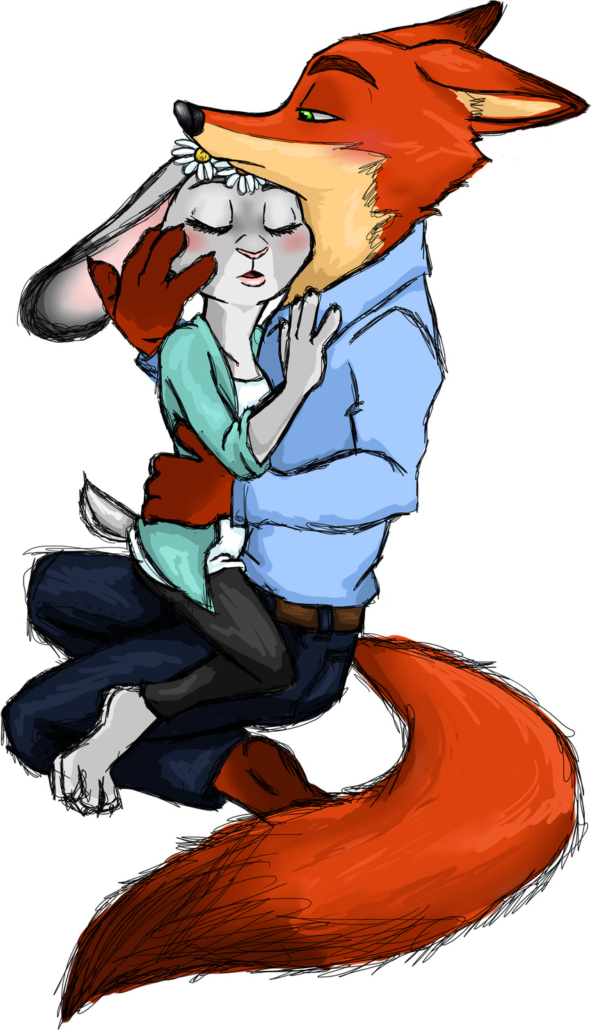 2016 absurd_res anthro blush canid canine clothing dipstick_ears disney duo ear_markings female flower fox hi_res hug judy_hopps lagomorph leporid male mammal multicolored_ears nick_wilde on_lap plant progressoftomorrow rabbit red_fox simple_background sitting_on_lap true_fox white_background wreath zootopia