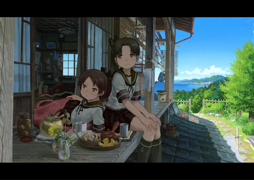 2girls aircraft airplane anchor_symbol architecture ayanami_(kancolle) bay black_socks blanket blue_sky book bow brown_hair calendar_(object) clock cloud commentary_request cup day east_asian_architecture fence flower flower_pot green_eyes grill hair_ribbon hairbow highres jar kantai_collection kettle kotatsu letterboxed looking_at_another looking_away lying mobile mug multiple_girls on_side orange_peel painting_(medium) picture_frame plant ponytail porch pot potted_plant pout ribbon rooftop school_uniform serafuku shichirin shijukara_(great_tit) shikinami_(kancolle) side_handle_teapot side_ponytail sitting sky snack socks table teapot television towel traditional_media trash_can tree watering_can window yunomi