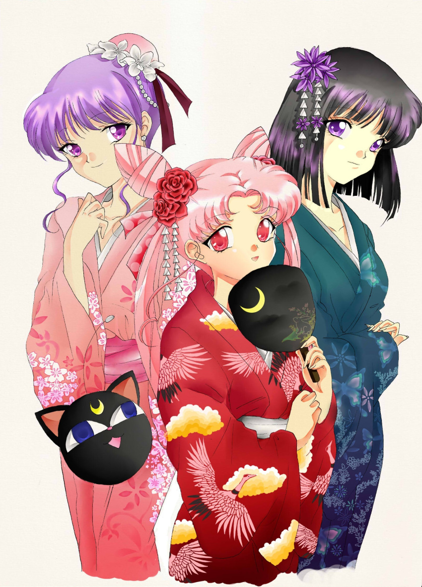 3girls :3 alternate_costume animal_print bad_deviantart_id bad_id bird_print bishoujo_senshi_sailor_moon black_hair blue_eyes blue_kimono bun_cover chibi_usa collarbone commentary crescent cropped_legs double_bun earrings english_commentary floral_print flower hair_bun hair_flower hair_ornament hand_fan hand_on_own_chest highres holding holding_fan japanese_clothes jewelry kanzashi kimono long_hair looking_at_viewer luna-p medium_hair momohara_momoko multiple_girls paper_fan parted_bangs pink_hair pink_kimono print_kimono purple_eyes purple_hair red_eyes red_kimono rurutia8 sidelocks simple_background single_hair_bun smile tomoe_hotaru twintails wide_sleeves