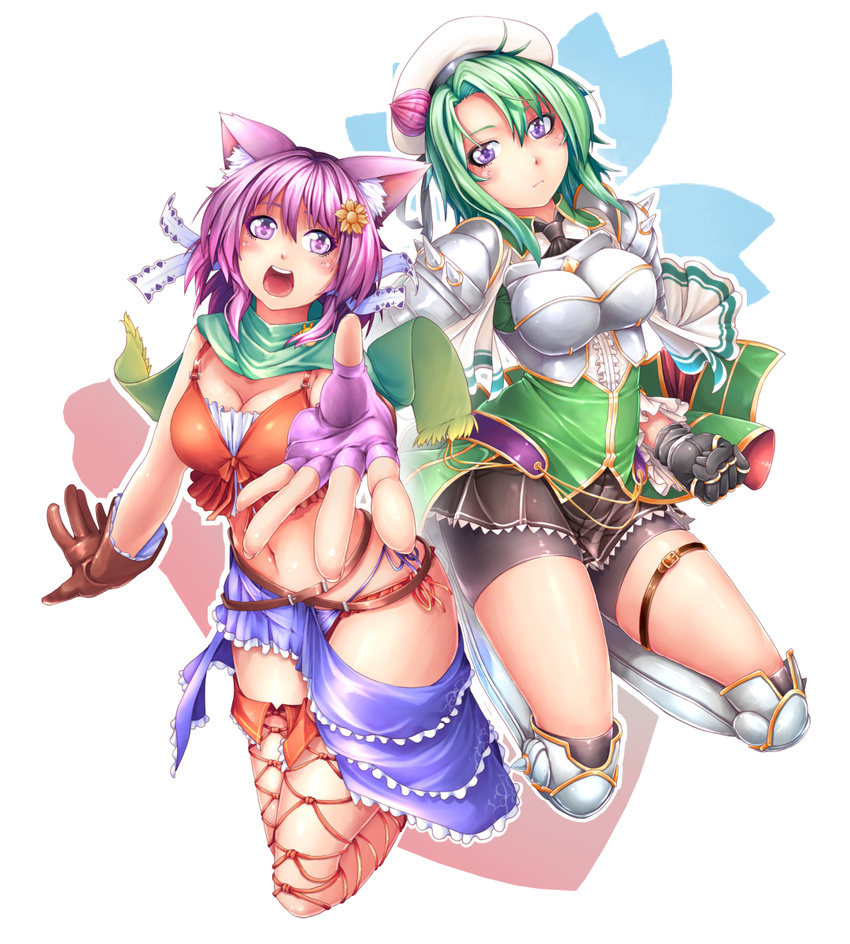 2girls :d animal_ears armor armored_boots ayase_tamaki bashira_(sennen_sensou_aigis) black_gloves boots breasts brown_gloves cat_ears cleavage clenched_hand commentary_request company_connection dmm expressionless fingerless_gloves flower_knight_girl full_body gloves green_hair green_shirt hair_ornament hairclip hat highres knee_boots looking_at_viewer medium_breasts multiple_girls open_mouth outstretched_hand panties purple_eyes purple_hair saboten_(flower_knight_girl) sennen_sensou_aigis shirt short_hair shorts side-tie_panties smile thighhighs underwear white_hat