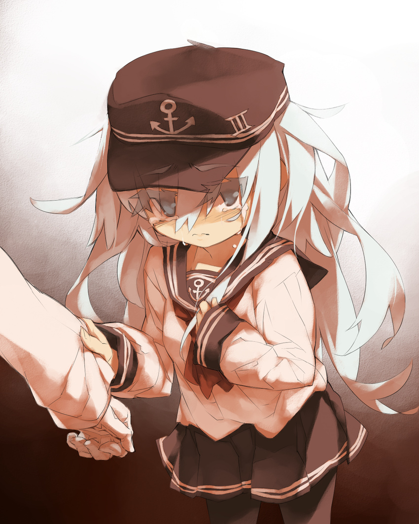 1boy admiral_(kancolle) blue_eyes clothes_grab commentary_request crying crying_with_eyes_open female hat hibiki_(kancolle) highres itsukia kantai_collection long_hair looking_at_viewer messy_hair pantyhose pleated_skirt school_uniform serafuku skirt sleeve_grab solo_focus tears