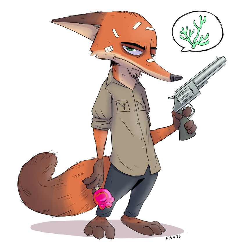 1:1 2016 3_toes 4_fingers absurd_res adamfay anthro bandage barefoot biped brown_tail_tip canid canine clothed clothing crossover dipstick_tail disney feet fingers fox frown full-length_portrait fully_clothed green_eyes gun half-closed_eyes handgun hi_res looking_at_viewer male mammal markings multicolored_tail narrowed_eyes nick_wilde plantigrade portrait ranged_weapon red_fox revolver rick_grimes simple_background solo speech_bubble standing tail tail_markings the_walking_dead toes true_fox weapon white_background zootopia