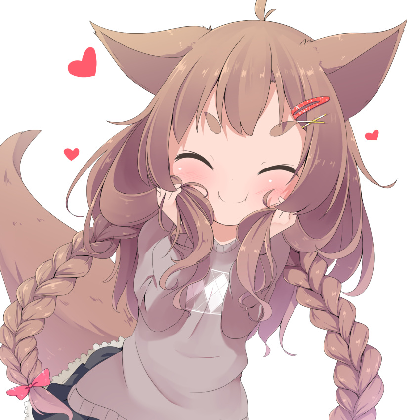 >:) ^_^ ahoge animal_ears black_skirt blush bow braid brown_hair brown_sweater check_commentary closed_eyes closed_mouth commentary_request facing_viewer female fox_ears fox_girl fox_tail hair_ornament hairbow hairclip hands_up heart highres holding holding_own_hair long_hair long_sleeves makuran momiji_(makuran) original pink_bow pleated_skirt short_eyebrows simple_background skirt smile solo sweater tail thick_eyebrows twin_braids v-shaped_eyebrows very_long_hair white_background x_hair_ornament