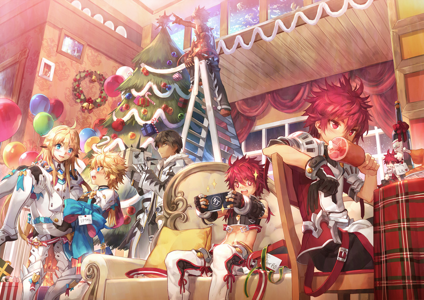 6+boys armor balloon bandages bell black_hair blade_master_(elsword) blonde_hair blue_eyes blush boned_meat bottle candy candy_cane carrying character_doll christmas christmas_tree chung_seiker coat commentary_request couch deadly_chaser_(elsword) dual_persona eating elsword elsword_(character) fingerless_gloves food gift gloves happy highres iron_paladin_(elsword) ladder long_hair lord_knight_(elsword) male_focus meat messy_hair midriff multiple_boys pants photoshop_(medium) pillow princess_carry raven_cronwell reckless_fist_(elsword) red_eyes red_hair rune_slayer_(elsword) scorpion5050 single_glove smile spikes surprised video_game wine_bottle wreath yellow_eyes