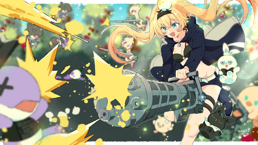 :d absurdres bao_bao_(dokibird) black_bra black_hairband black_hoodie black_shorts blonde_hair blurry blurry_background bra breasts cleavage dokibird_(vtuber) dragoon_(dokibird) dragoon_(selen_tatsuki) feet_out_of_frame female firing gatling_gun green_eyes gun hairband highres hood hoodie indie_virtual_youtuber long_hair mei_mei_(dokibird) n4391 nijisanji nijisanji_en oerba_yun_fang shorts small_breasts smile twintails underwear virtual_youtuber weapon