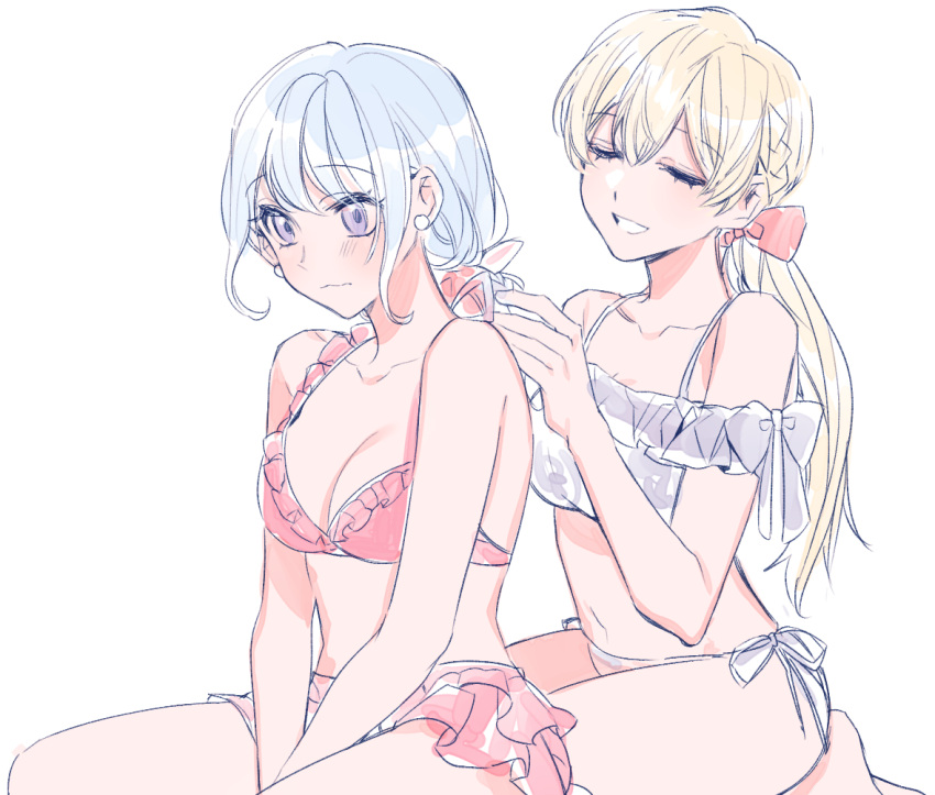 2girls bang_dream! bikini blonde_hair blue_hair blush bow breasts cleavage closed_eyes closed_mouth commentary_request fresa_pie frilled_bikini frills hairbow matsubara_kanon medium_breasts multiple_girls off-shoulder_bikini off_shoulder parted_lips pink_bikini pink_bow purple_bikini seiza shirasagi_chisato simple_background sitting smile swimsuit tying_another's_hair white_background yuri