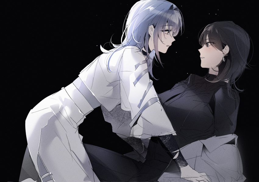 2girls black_background black_eyes black_hair black_shirt chief_(path_to_nowhere) collared_shirt earrings eye_contact female_chief_(path_to_nowhere) fresa_pie grey_jacket hair_intakes hecate_(path_to_nowhere) highres jacket jewelry kneeling light_particles long_hair long_sleeves looking_at_another multiple_girls off_shoulder pants path_to_nowhere purple_eyes reclining shirt simple_background traditional_media white_jacket white_pants yuri