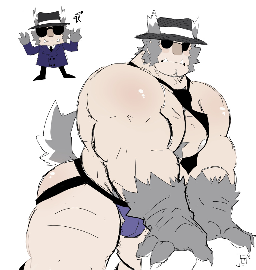 1boy absurdres alternate_muscle_size animal_ears ass bara blush_stickers body_fur chest_tuft deformed facial_hair fedora goatee_stubble grey_fur grey_hair hanu_(honkai:_star_rail) hat highres honkai:_star_rail honkai_(series) jjemmin jockstrap large_hands leaning_forward looking_at_viewer loose_necktie male_focus male_underwear mature_male naked_necktie necktie nipples pectorals purple_male_underwear short_hair standing stubble sunglasses tail thick_arms thick_thighs thighs topless_male tusks underwear unfinished v_arms white_background wolf_boy wolf_ears wolf_tail