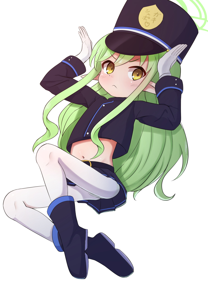 :< absurdres arms_up black_footwear black_hat black_jacket black_skirt blue_archive blush boots brown_eyes closed_mouth commentary_request cropped_jacket female gloves green_hair halo hat highres hikari_(blue_archive) jacket long_hair long_sleeves midriff navel neko_miyabi_(artist) pantyhose peaked_cap pleated_skirt pointy_ears simple_background skirt solo transparent_background very_long_hair white_gloves white_pantyhose