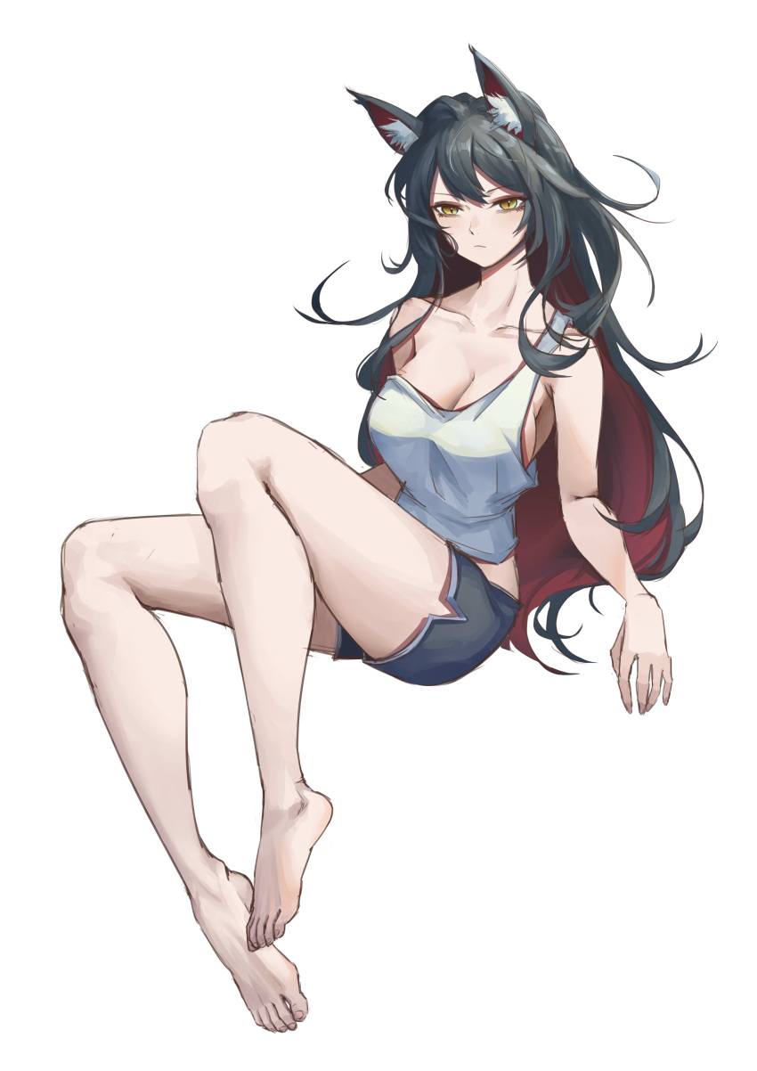 absurdres animal_ears bare_legs barefoot black_hair black_shorts breasts cat_ears cleavage closed_mouth collarbone commentary cy9 feet female full_body highres large_breasts legs long_hair looking_at_viewer original shirt shorts solo toes white_background white_shirt yellow_eyes