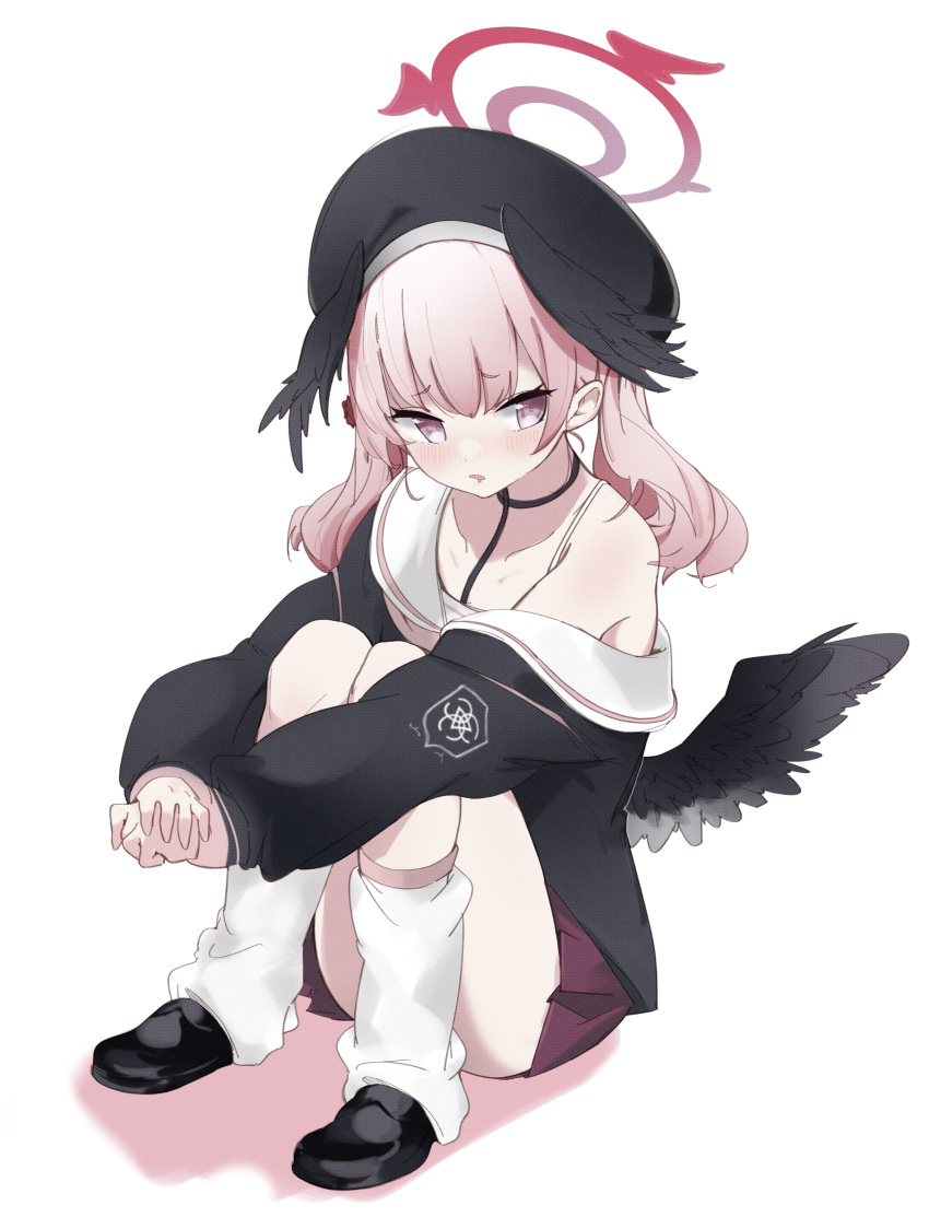 absurdres bad_id bad_pixiv_id beret black_hat black_wings blue_archive blush bra_strap commentary english_commentary feathered_wings female halo hat head_wings highres hugging_own_legs kneehighs koharu_(blue_archive) loafers long_hair looking_to_the_side loose_socks low_wings miniskirt neckerchief ocha_(popopogg) on_floor open_mouth oversized_clothes pink_eyes pink_hair pink_neckerchief sailor_collar saliva school_uniform shadow shoes simple_background skirt sleeves_past_wrists socks solo twintails white_background white_sailor_collar wings