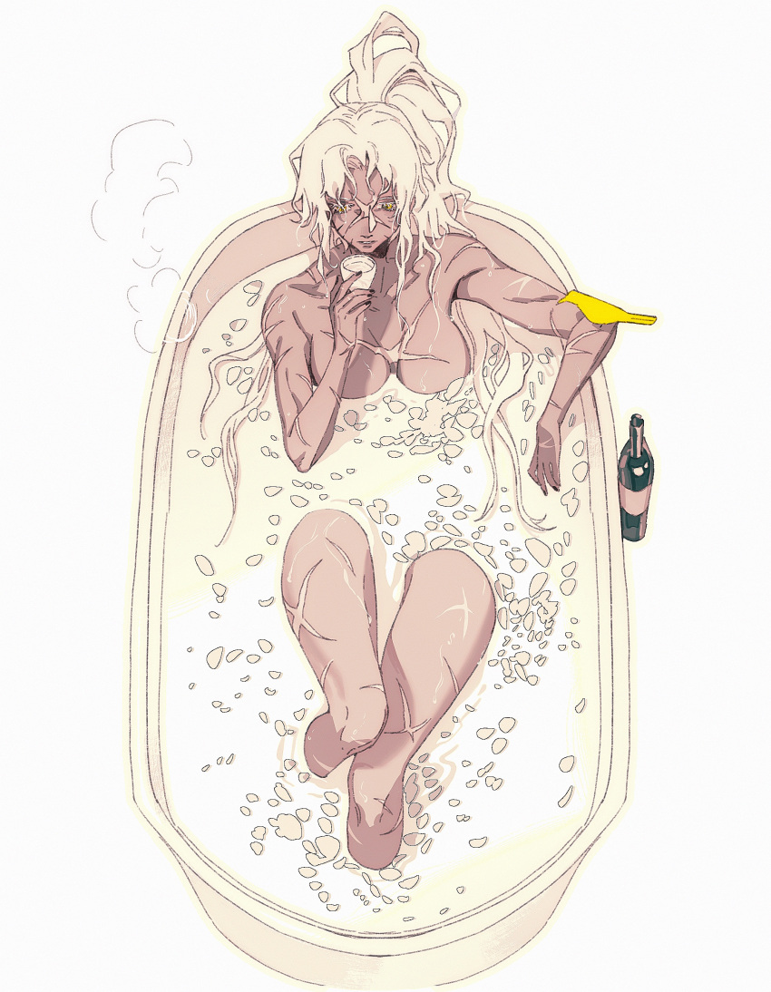 absurdres animal_on_arm arm_rest bangs bath bathing bathtub bird bird_on_arm bottle breasts cross_scar cup dark-skinned_female dark_skin dizi930 drink eyelashes facial_mark female forever_7th_capital from_above genderswap_(mtf) hand_up highres holding holding_cup knees_up large_breasts leaning_back long_hair nude parted_bangs partially_submerged petals ponytail rahulk_(forever_7th_capital) rule_63 scar scar_on_arm scar_on_breasts scar_on_chest scar_on_face scar_on_leg scar_on_nose simple_background sitting solo steam very_long_hair water whisker_markings white_background white_hair yellow_eyes