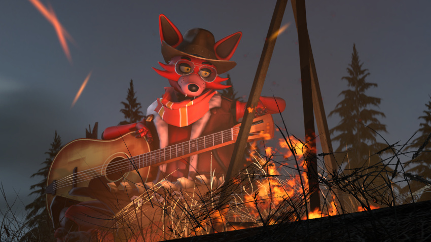 16:9 3d_(artwork) acura_(artist) animatronic aviator_glasses campfire chaps clothing cowboy_hat digital_media_(artwork) eyewear fire five_nights_at_freddy's forest foxy_(fnaf) glasses grass guitar hat headgear headwear machine male musical_instrument plant plucked_string_instrument robot scarf scottgames solo source_filmmaker_(artwork) string_instrument tree widescreen wilderness