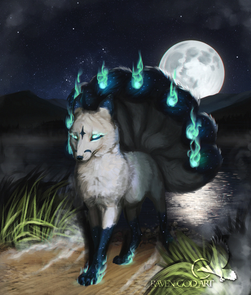 2019 asian_mythology canid canine canis constellation detailed detailed_background digital_drawing_(artwork) digital_media_(artwork) east_asian_mythology english_text feral fierce fog fox fox_spirit full_moon fur glowing glowing_eyes hedax hi_res kitsunebi magic male mammal moon mountain multi_tail mythology night outside plant power sky solo star tail text water white_body white_fur