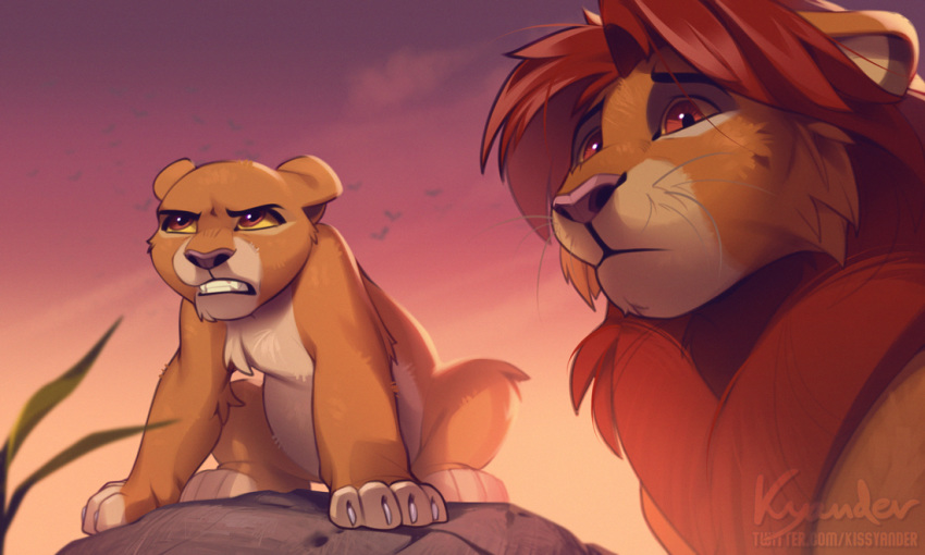 2020 4_toes 5:3 brown_eyes brown_hair day detailed_background digital_media_(artwork) disney duo feet felid female feral hair kiara_(the_lion_king) kyander lion male mammal outside pantherine simba_(the_lion_king) sky the_lion_king toes whiskers young young_feral