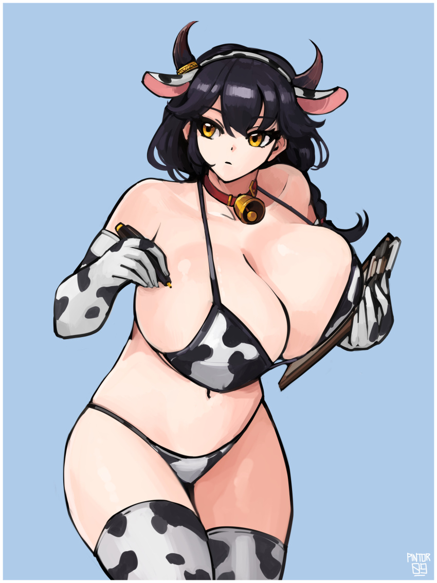 absurdres ajax_(last_origin) animal_ears animal_print bad_id bad_pixiv_id bell bikini black_hair blue_background border braid breasts cleavage clipboard cow_ears cow_girl cow_print cow_print_bikini elbow_gloves female gloves highres huge_breasts korean_commentary last_origin long_hair looking_to_the_side moku_(pintor09) navel neck_bell pen print_bikini simple_background single_braid solo swimsuit thighhighs white_border yellow_eyes