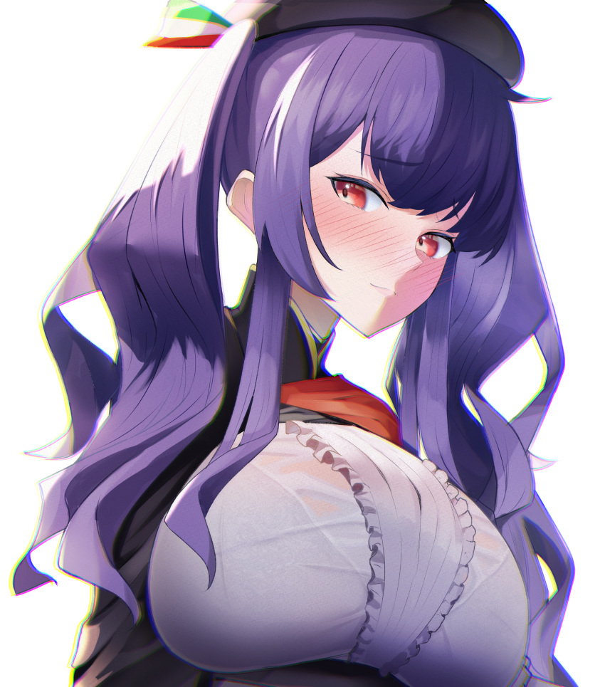 azur_lane beret black_hat blush bra breasts center_frills female framed_breasts frills from_below hat highres italian_flag kanaya604 lace-trimmed_bra lace_trim large_breasts long_hair pola_(azur_lane) purple_hair red_eyes simple_background solo underwear upper_body white_background