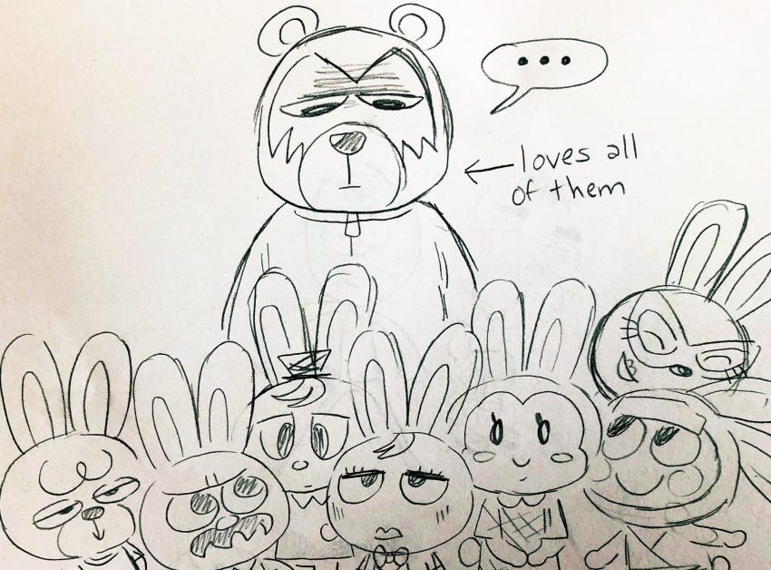 2020 animal_crossing anthro bear bunnie_(animal_crossing) chibi claude_(animal_crossing) closed_eyes clothing ellipsis english_text gaston_(animal_crossing) group hi_res ike_(animal_crossing) lagomorph leporid male mammal mike_cubes mira_(animal_crossing) nintendo o'hare_(animal_crossing) rabbit shirt slightly_chubby snake_(animal_crossing) text tiffany_(animal_crossing) topwear