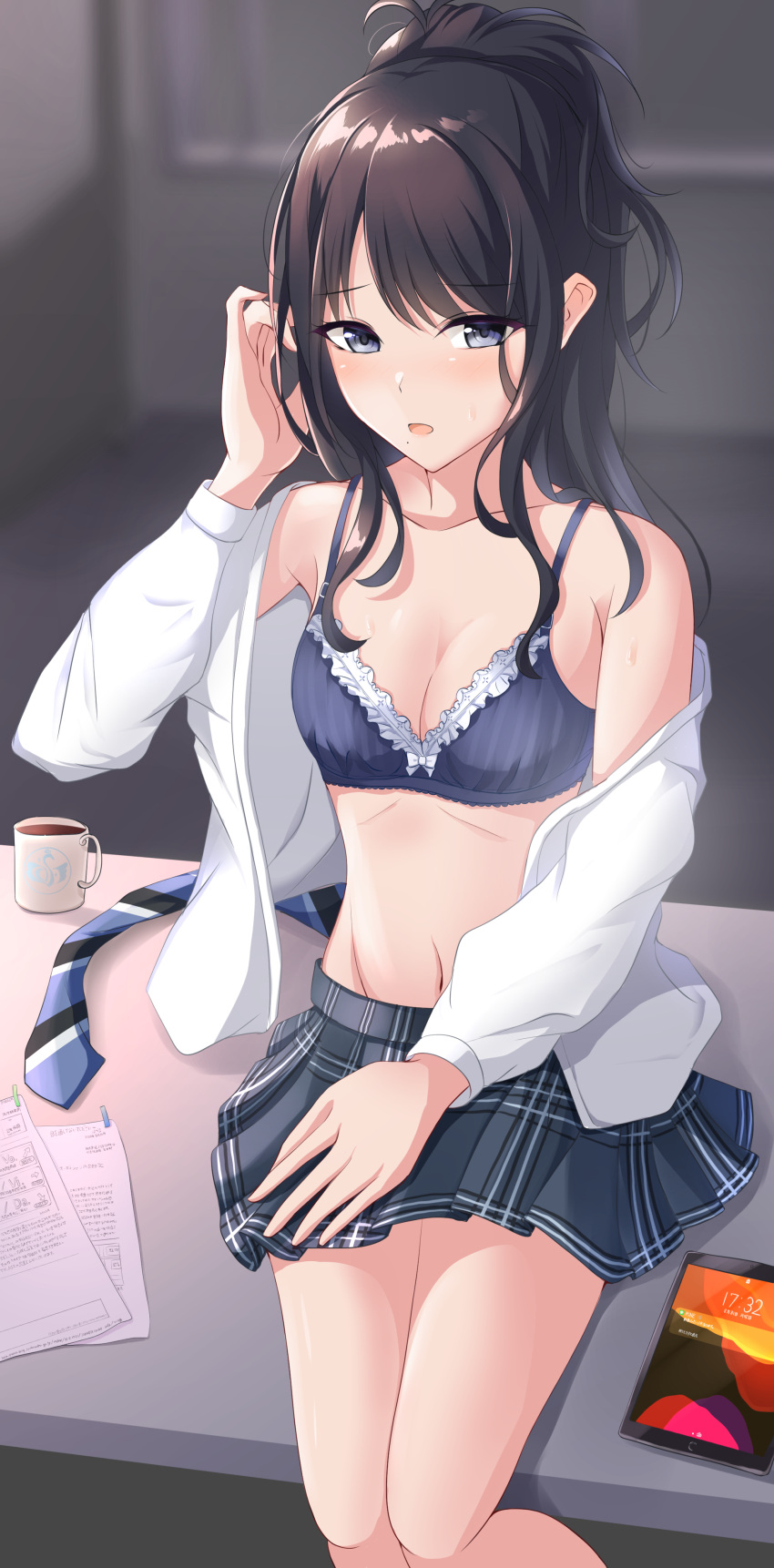 absurdres adjusting_hair black_hair blue_eyes bra breasts cleavage collarbone commentary_request cup female highres idolmaster idolmaster_shiny_colors kazano_hiori mole mole_under_mouth navel open_clothes open_mouth open_shirt paper ponytail shiroinu_(shiroinu_283p) skirt solo stomach sweat tablet_pc underwear