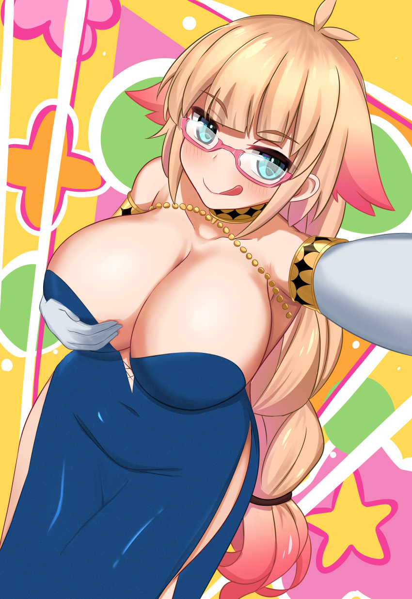 absurdres antenna_hair aqua_eyes bare_shoulders blonde_hair blue_dress blunt_bangs blush breasts cleavage covered_navel demia_duodectet dress elbow_gloves female glasses gloves gradient_hair highres ishuzoku_reviewers kirby_lord large_breasts leaning_forward licking_lips long_hair low-tied_long_hair multicolored_hair naughty_face no_bra outstretched_arm pink-framed_eyewear pink_hair selfie semi-rimless_eyewear sidelocks solo standing tongue tongue_out very_long_hair white_gloves