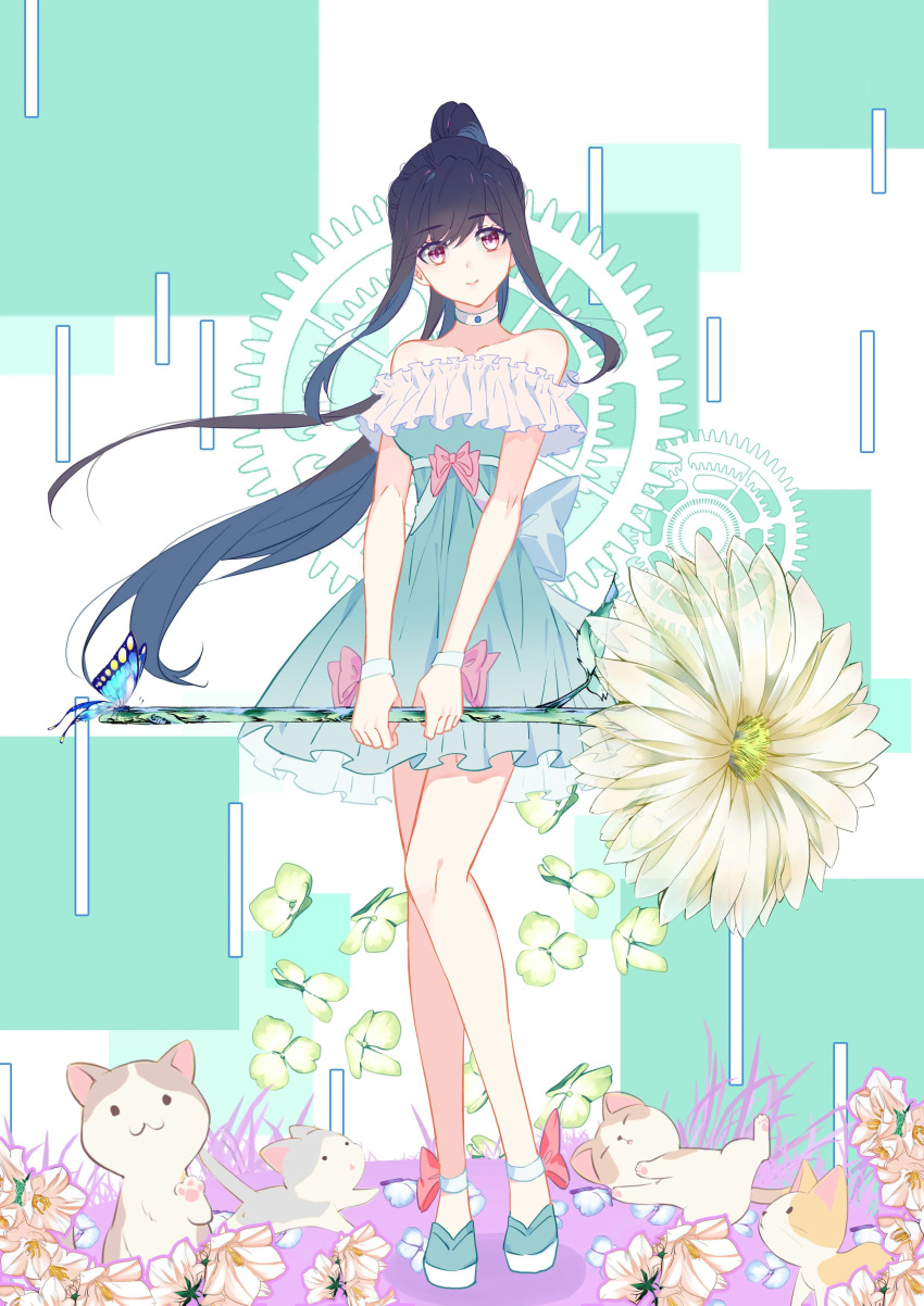 absurdres black_hair bug butterfly douluo_dalu dress feline female flower grass green_dress gu_yue_(douluo_dalu) gu_yuena highres hua_zhong_zhi_meng ponytail ribbon smile teenage