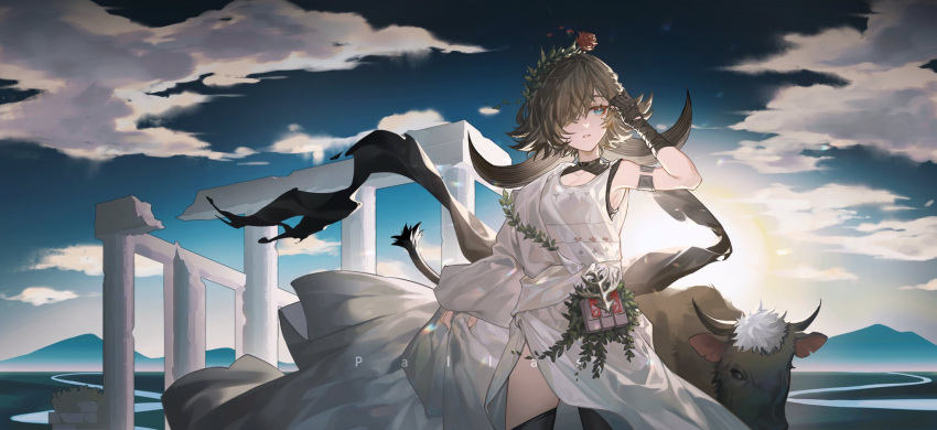 ancient_greek_clothes animal_ears arknights arm_wrap black_gloves black_thighhighs blue_eyes blue_sky bovine brown_hair cloud cloudy_sky cow_ears cow_girl cow_horns cow_tail cowboy_shot dress female fingerless_gloves flower flower_on_head gloves greco-roman_clothes groin hair_over_one_eye hand_up highres horns laurel_crown looking_to_the_side official_alternate_costume outdoors pallas_(arknights) pallas_(heritage)_(arknights) parted_lips red_flower red_rose rose ruins shayu_pao_jiao short_hair sky solo tail thighhighs white_dress