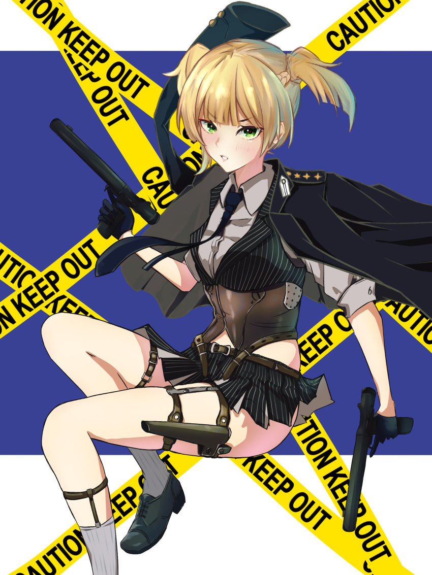 :o absurdres black_gloves black_skirt black_vest blonde_hair blue_jacket blue_necktie blush bolt_action breasts brown_corset corset female girls'_frontline gloves green_eyes gun handgun highres holding holding_gun holding_weapon holstered jacket looking_at_viewer miniskirt necktie open_clothes open_jacket open_mouth parted_lips r9k1 shirt shoes short_hair simple_background skirt small_breasts socks solo twintails vest weapon welrod welrod_mkii_(girls'_frontline) white_shirt