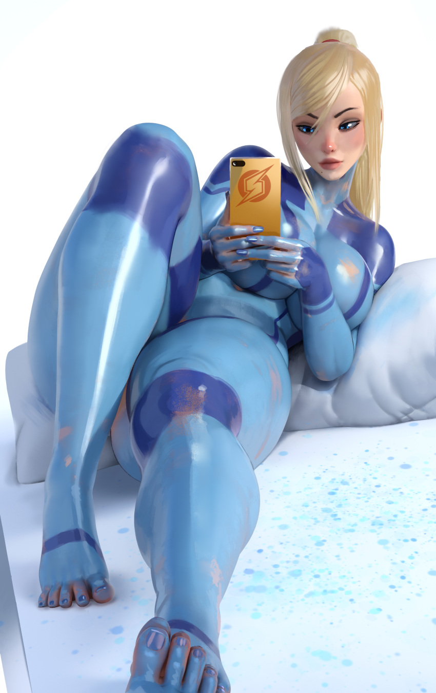 3d absurdres blonde_hair blue_bodysuit blue_eyes blue_nails bodypaint bodysuit breasts cellphone commentary cushion eyebrows female highres holding holding_phone legs long_hair lying metroid mirror mixed_media mole mole_under_mouth nail_polish naked_paint no_nipples nose nude painted_clothes phone ponytail popogori realistic reflection samus_aran selfie shiny_skin smartphone taking_picture thick_thighs thighs toenails toes wide_hips zero_suit