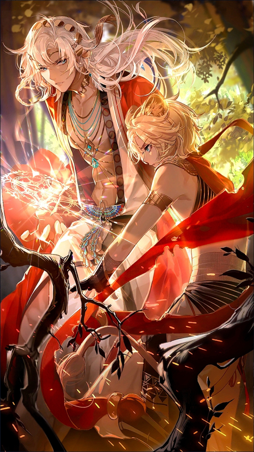 2boys animal_ears aqua_eyes armlet black_gloves black_sash blonde_hair circlet coat collar curtained_hair dark-skinned_male dark_skin dual_persona feet_out_of_frame fingerless_gloves gloves gold_collar highres jewelry kemonomimi_mode lars_rorschach lion_boy lion_ears lion_tail long_hair long_sleeves looking_ahead looking_at_another lovebrush_chronicles magic magic_circle male_focus multiple_boys necklace official_art open_clothes open_robe parted_lips pendant profile red_coat red_scarf robe sash scarf short_hair sideways_glance sleeveless tail third-party_source tree white_hair