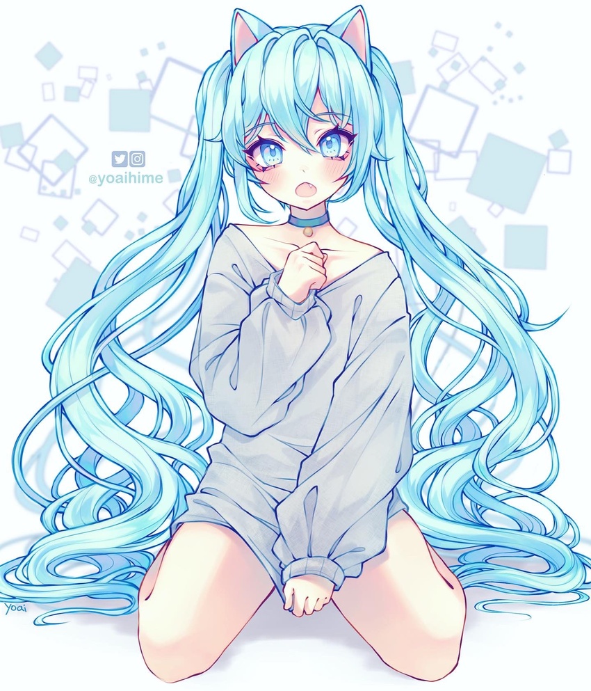 animal_ears anny_(yoai) aqua_eyes aqua_hair bell blue_eyes blue_hair blush bottomless cat_ears cat_girl choker clothes_tug collarbone commentary eyelashes female full_body grey_sweater hair_between_eyes hand_up hatsune_miku highres kemonomimi_mode long_hair long_sleeves looking_at_viewer neck_bell oerba_yun_fang open_mouth sleeves_past_wrists solo square sweater sweater_tug twintails twitter_username very_long_hair vocaloid white_background