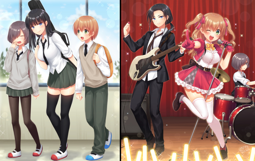 1boy 2girls before_and_after black_hair blue_eyes bob_cut breast_padding breast_reduction breasts commentary commentary_request commission crossdressing drum drum_set glowstick green_eyes grey_eyes grey_hair guitar hair_over_one_eye hair_slicked_back highres idol_clothes instrument large_breasts long_hair looking_at_viewer low_ponytail microphone multiple_girls nakamura_hinato orange_hair original otoko_no_ko pantyhose reverse_trap ringlets school_uniform skeb_commission thighhighs tomboy twintails