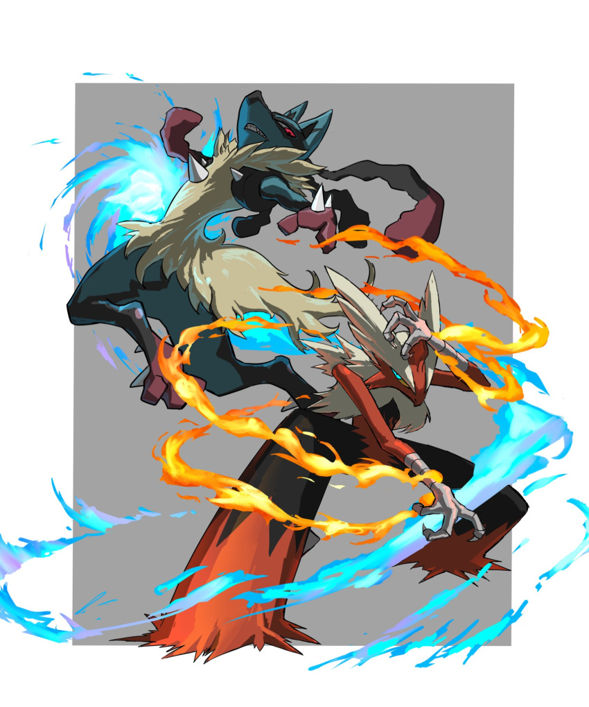 blaziken blue_eyes border claws clenched_teeth commentary_request energy fire futena_goze grey_background highres lucario mega_blaziken mega_lucario mega_pokemon pokemon pokemon_(creature) red_eyes sharp_teeth spikes teeth white_border yellow_fur