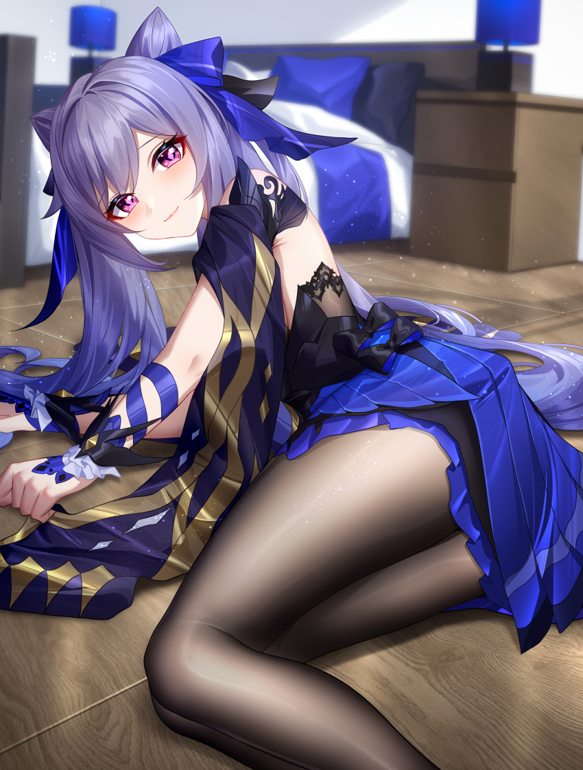 absurdres bed black_pantyhose blue_dress blush closed_mouth double_bun dress female genshin_impact hair_bun hair_ornament highres indoors keqing_(genshin_impact) keqing_(opulent_splendor)_(genshin_impact) long_hair looking_at_viewer lying official_alternate_costume on_side panties panties_under_pantyhose pantyhose purple_eyes purple_hair smile solo thighs underwear wu_ganlan_cai