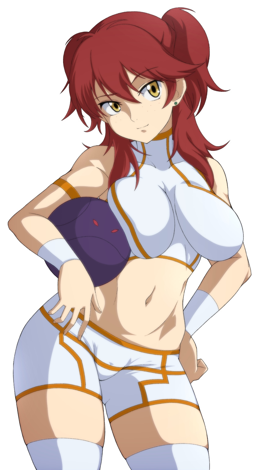 bad_haro bad_id bad_pixiv_id bike_shorts breasts crop_top female freckles gundam gundam_00 highres large_breasts long_hair looking_at_viewer navel nena_trinity red_hair rqm55 shorts simple_background skin_tight smile solo standing thighhighs two_side_up white_background white_shorts white_thighhighs yellow_eyes