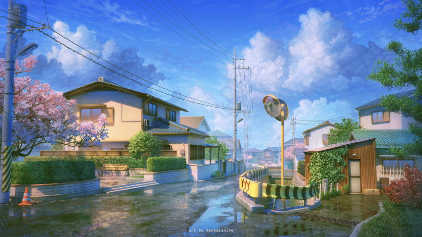 artist_name blue_sky building bush cherry_blossoms cloud commentary_request dankalaning day door english_text grass highres house japan kyoto lamppost no_humans original outdoors plant power_lines railing reflection reflective_water road scenery sky tree utility_pole water_drop window