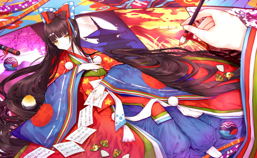 ball black_hair bow calligraphy_brush fate/grand_order fate_(series) female hairbow heian highres japanese_clothes karaginu_mo kimono layered_clothes layered_kimono long_hair lying on_back paintbrush paper purionpurion scroll sei_shounagon_(fate) sei_shounagon_(third_ascension)_(fate) shell signature smile solo very_long_hair wide_sleeves yellow_eyes